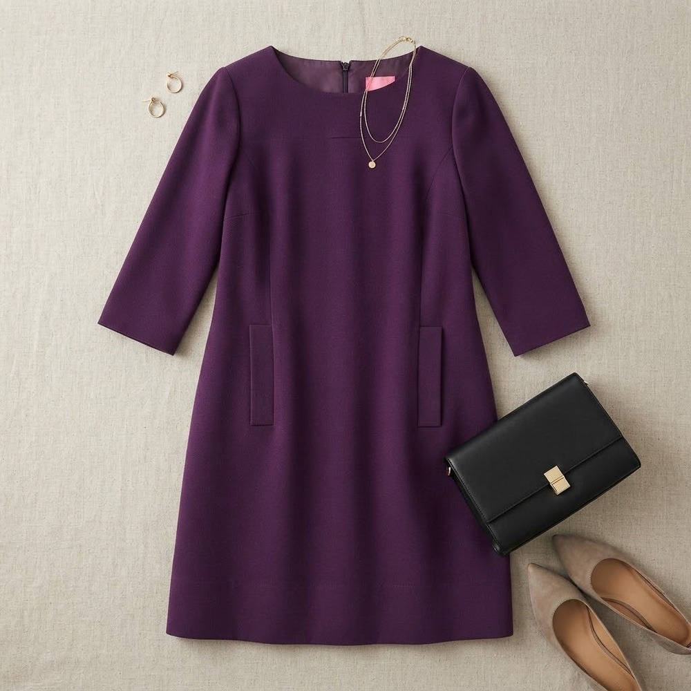 Eliza J Shift Dress Womens 6 Purple 3/4 Sleeve Pocket Mod Career Cocktail Mini